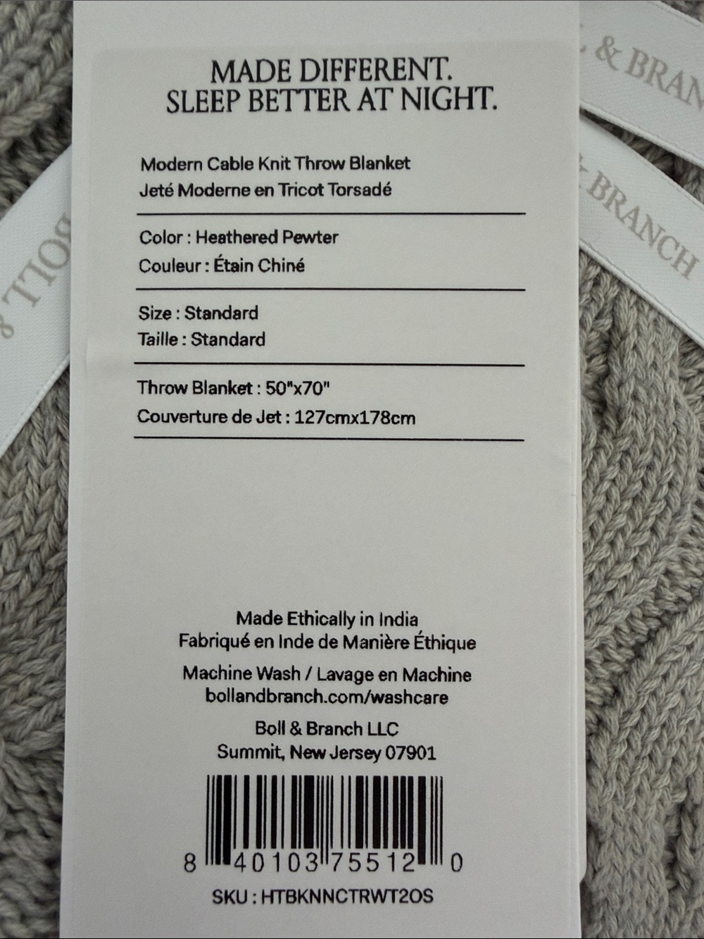 Boll & Branch Modern Cable Knit Throw Blanket — Heathered Pewter (Light Gray) - Picture 3 of 4
